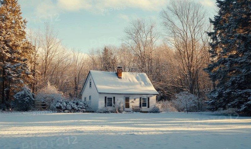 A small white house with a chimney sits in a snowy field. The house is surrounded by trees and the sky is clear AI generated