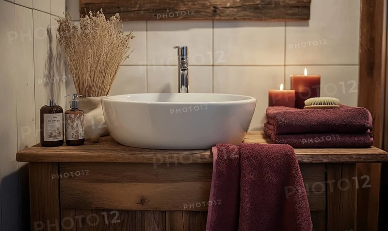 Simple bathroom with a white sink, wooden cabinet, autumn-colored towels, and candles on the counter AI generated