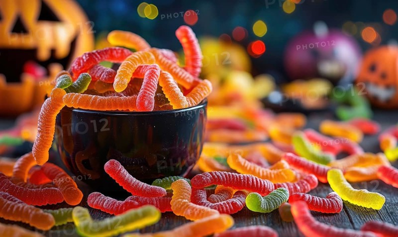Close-up of gummy worms spilling out of a small candy bowl AI generated