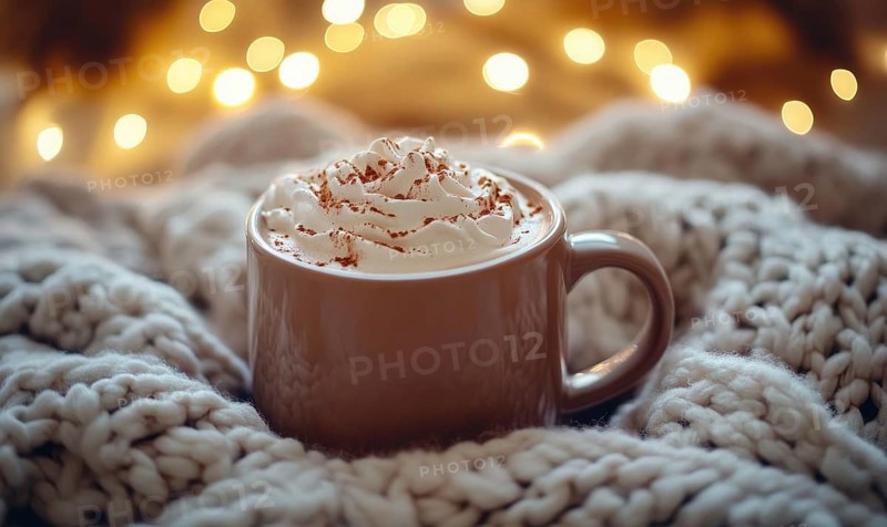 A mug of hot chocolate with whipped cream on top is sitting on a blanket. The scene is cozy and inviting, perfect for a cold winter day AI generated