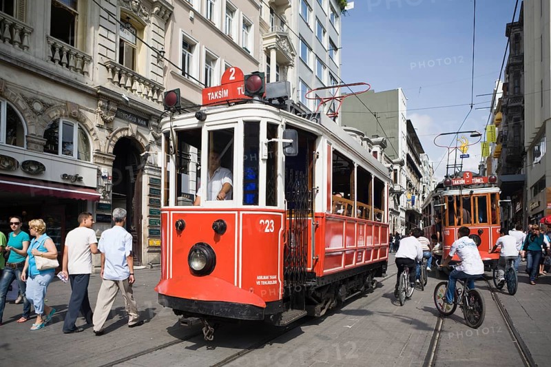 Historic tram in Istikal Caddesi shopping street, Istanbul, Turkey, Asia