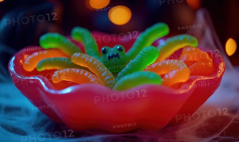 A few gummy worms in neon green and orange, placed in a spider-shaped dish, Halloween-themed glow AI generated
