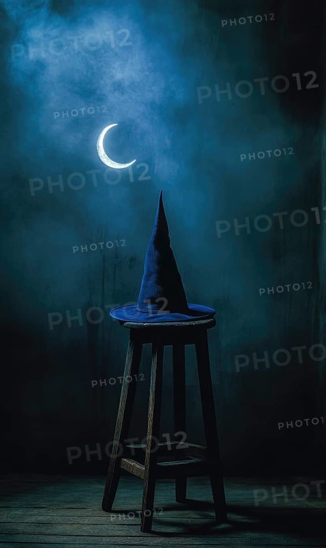 A dark blue wizard hat, silver crescent moon AI generated