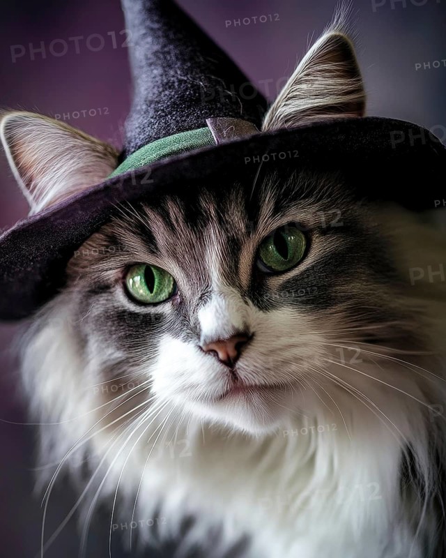 A fluffy grey and white cat, bright green eyes, wearing a small pointed witch hat AI generated