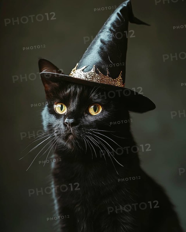 A black cat wearing a tall witch's hat AI generated