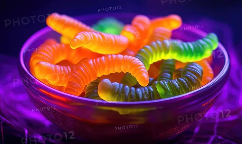 Bowl of gummy worms in orange and green, glowing under purple light, spooky Halloween setting AI generated
