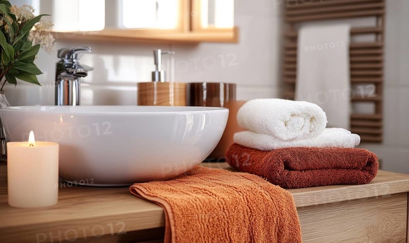Simple bathroom with a white sink, wooden cabinet, autumn-colored towels, and candles on the counter AI generated