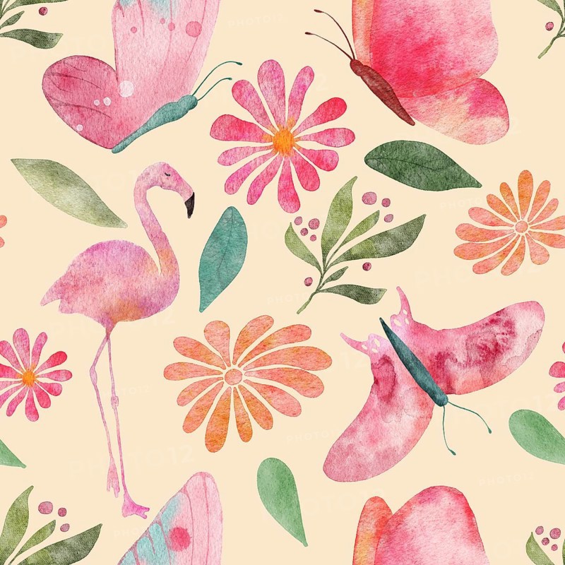 Seamless watercolor pattern illustration with butterflies, flamingos, flowers and leaves on yellow background