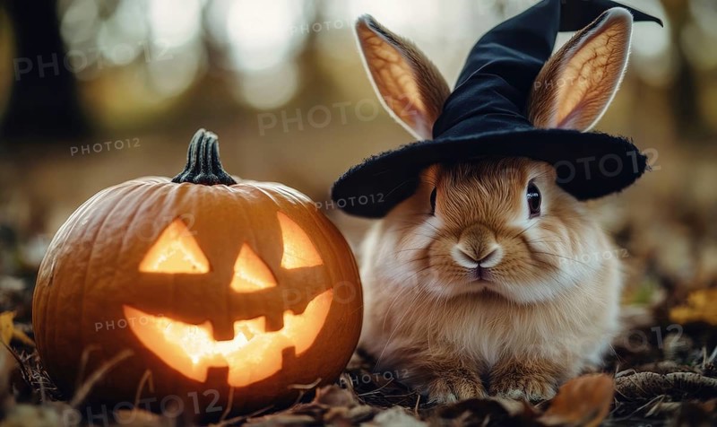 A fluffy rabbit with long ears, donning a black hat sitting next to a glowing pumpkin AI generated