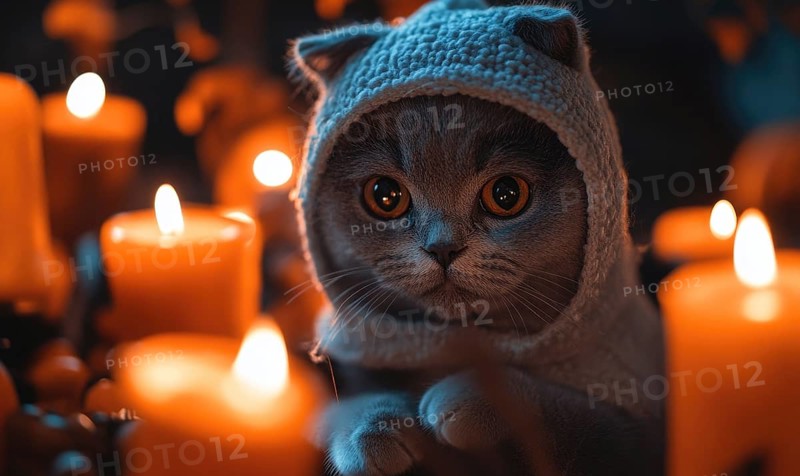 Close-up of a gray cat in a small ghost costume, surrounded by soft candlelight Halloween decorations AI generated