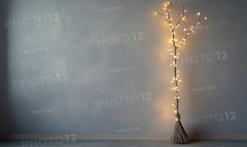 Witch's broom adorned with glowing garlands AI generated