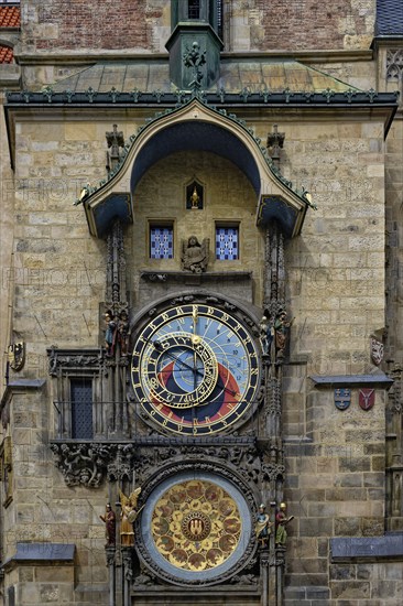 Intricate medieval astronomical clock, a historic landmark in Prague, Prague, Czech Republic, Europe