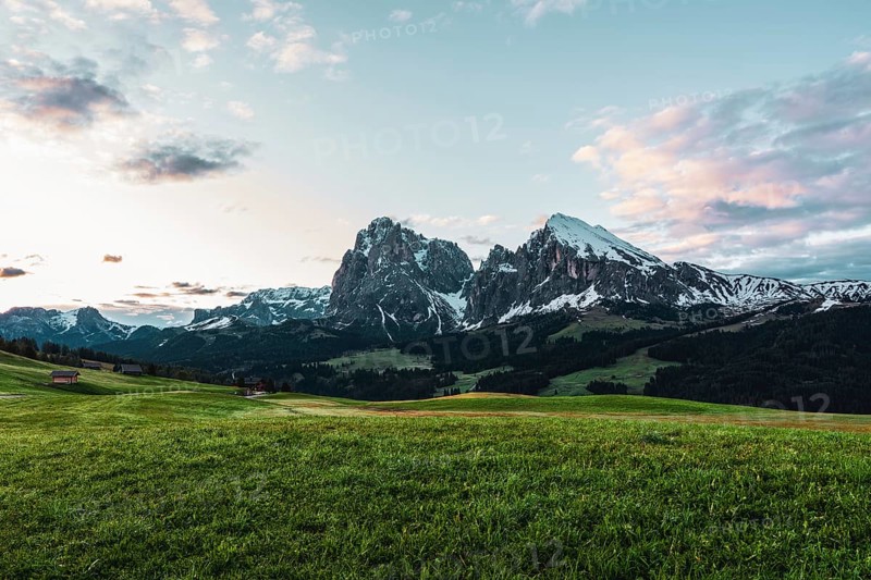 Panoramic view of the Langkofel Group from Seiser Alm in the Dolomites in South Tyrol, Italy, Europe
