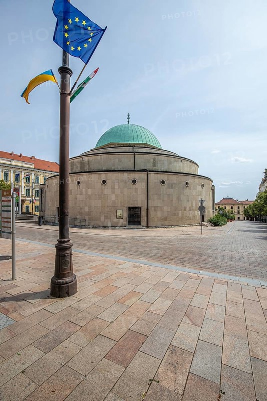 Historic city centre and central square with old historic buildings. Széchenyi Square in the centre of the five-church town shows the historical heritage of the city of Pécs, Dél-Dunántúl, Hungary, Europe