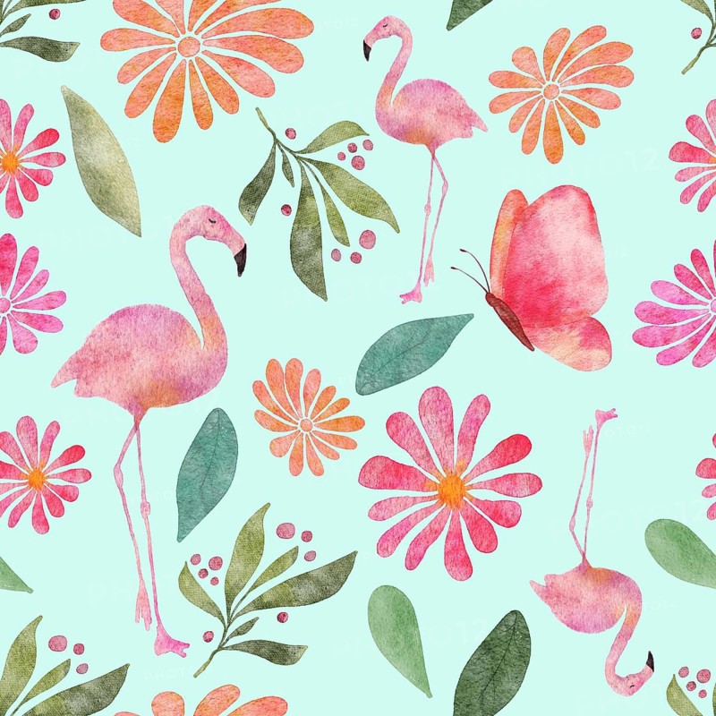 Seamless watercolor pattern illustration with butterflies, flamingos, flowers and leaves on turquoise background