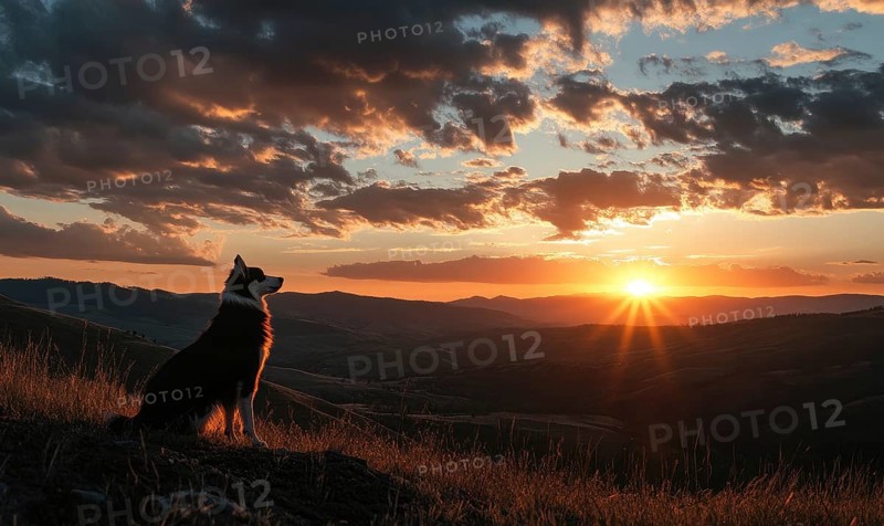 Collie standing on a hilltop, overlooking a valley at sunrise AI generated
