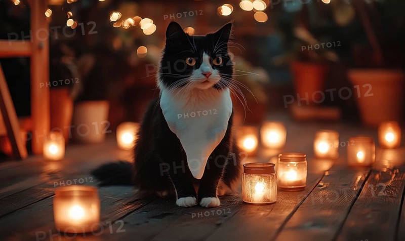 A black and white cat with a ghost costume, sitting on a wooden floor with glowing candles around AI generated