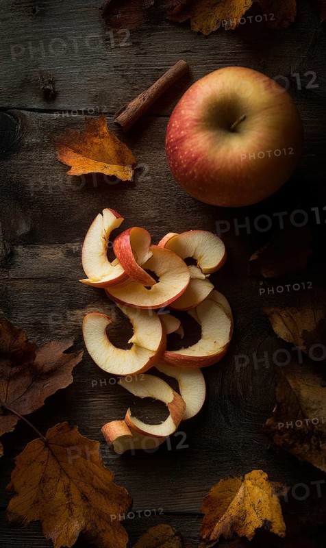 Apple peels on wooden table AI generated
