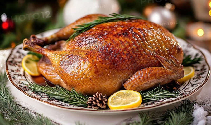 A large roasted turkey with lemon slices and pine cones on top of a white plate. Concept of warmth and festivity, as it is likely a centerpiece for a holiday meal AI generated