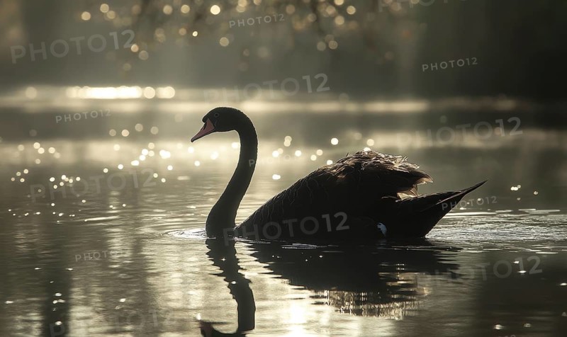 Black swan floating on a quiet river, soft ripples and shadows reflecting on the water AI generated