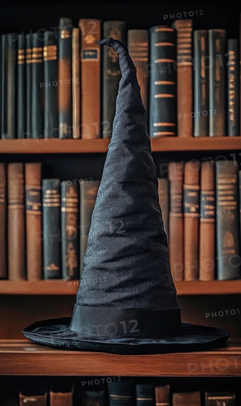 A tall, black witch hat sits on a wooden shelf in front of a bookshelf filled with old books AI generated