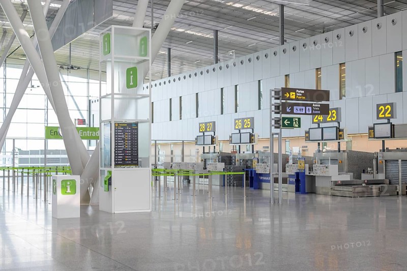 Santiago de Compostela, Spain, September 12th 2023: View on empty check-in queue line of Aena international airport of Santiago de Compostela, Europe