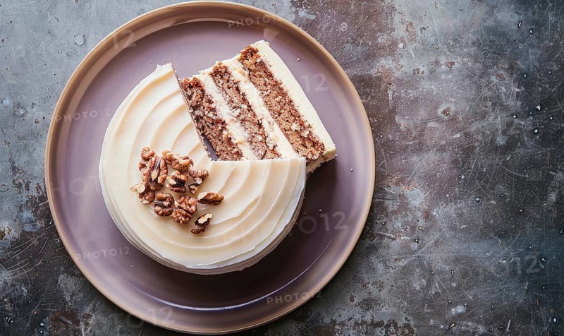 Fig and walnut cake with cream cheese frosting on a muted purple plate AI generated