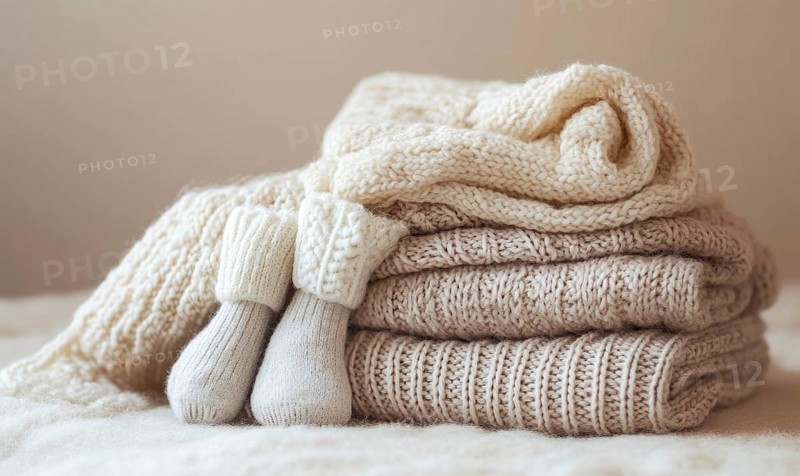 Soft knitted clothes in warm colors, laid out on a pastel background AI generated