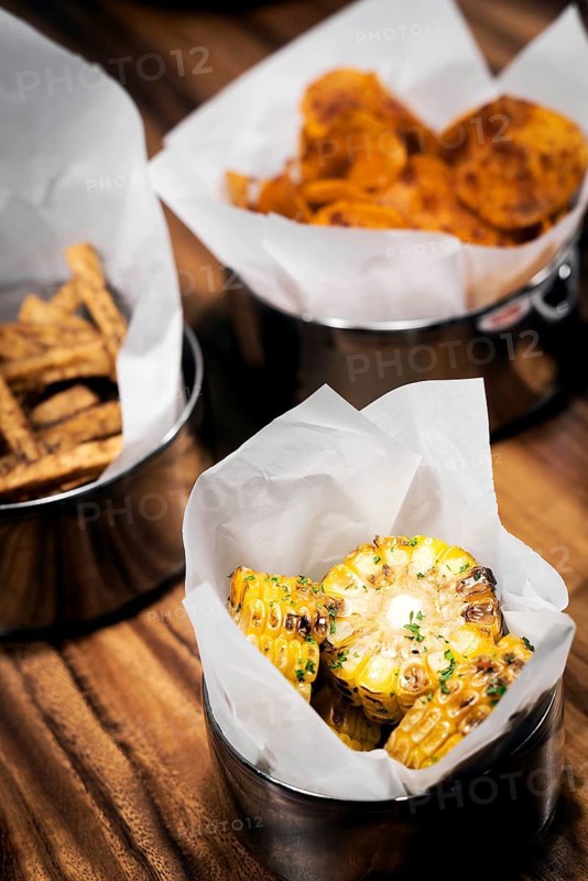 Grilled bbq sweetcorn and chips bar food snacks set