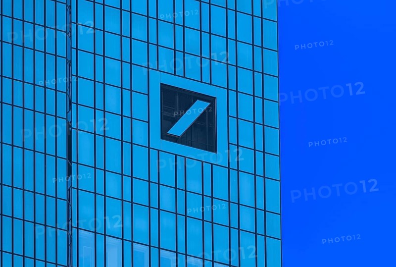 Deutsche Bank headquarters with the company logo slash in the square, Frankfurt am Main, Hesse, Germany, Europe
