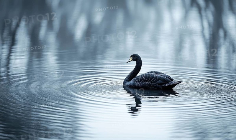 Black swan drifting on a still pond, soft ripples and reflections shimmering in the water AI generated
