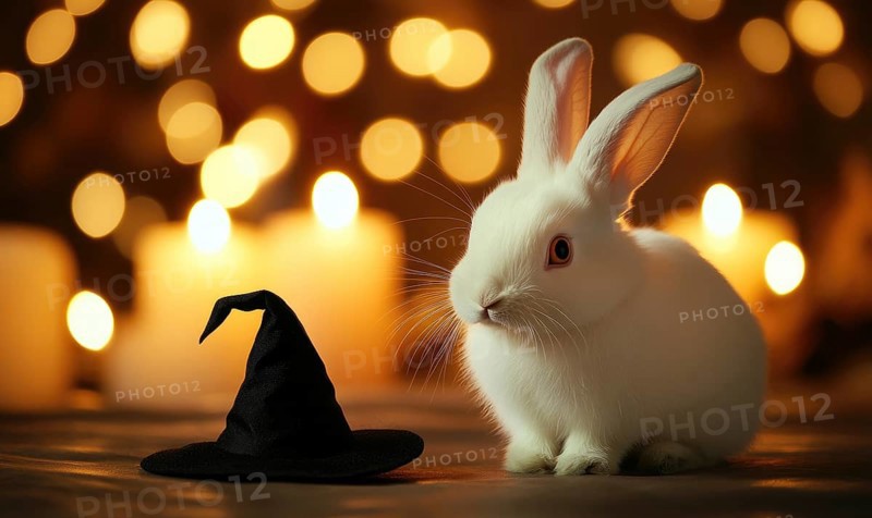A white rabbit with long ears, balancing a small black hat, with soft candlelight in the background AI generated