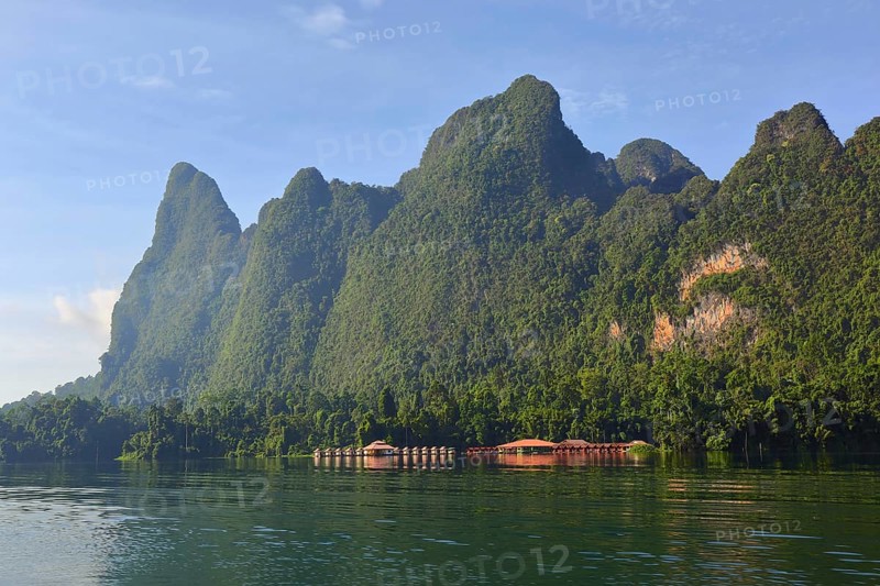 Cheow Lan lake landscape with floating houses, National Park Khao Sok, Thailand, Asia