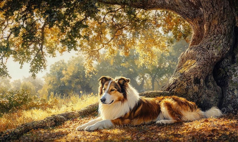 A Collie resting under a large tree, surrounded by dappled sunlight AI generated