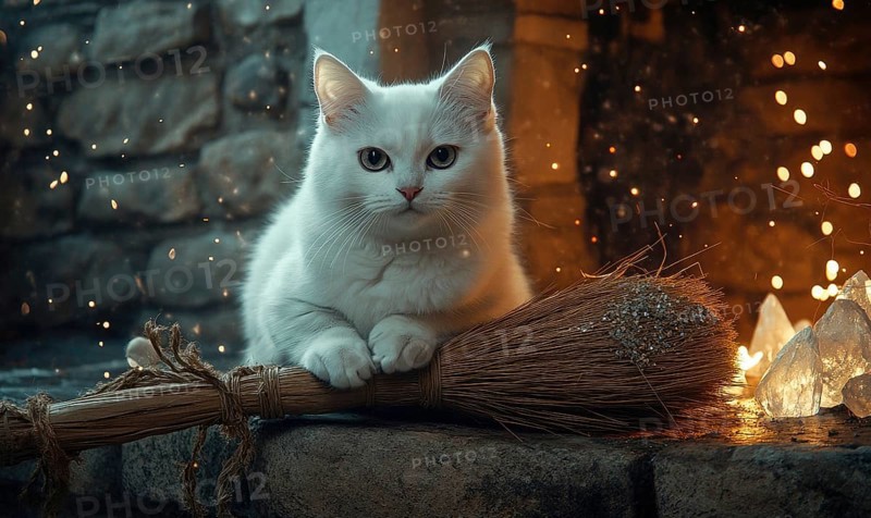 White cat with bright eyes sitting calmly on a broomstick AI generated