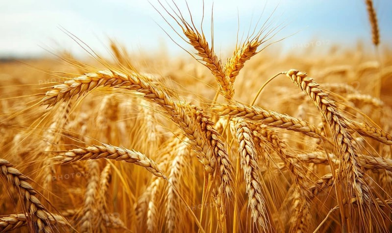 Close-up of ripe wheat stalks, golden ears, clear sky AI generated