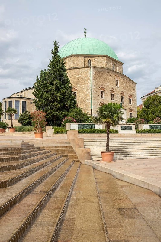 Historic city centre and central square with old historic buildings. Széchenyi Square in the centre of the five-church town shows the historical heritage of the city of Pécs, Dél-Dunántúl, Hungary, Europe
