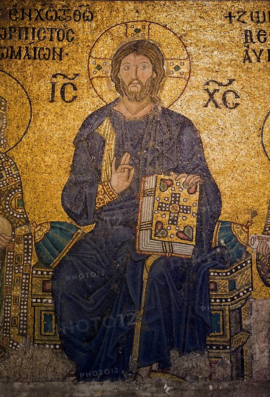 Jesus enthroned above the imperial gate in Hagia Sophia, Istanbul, Turkey, Asia