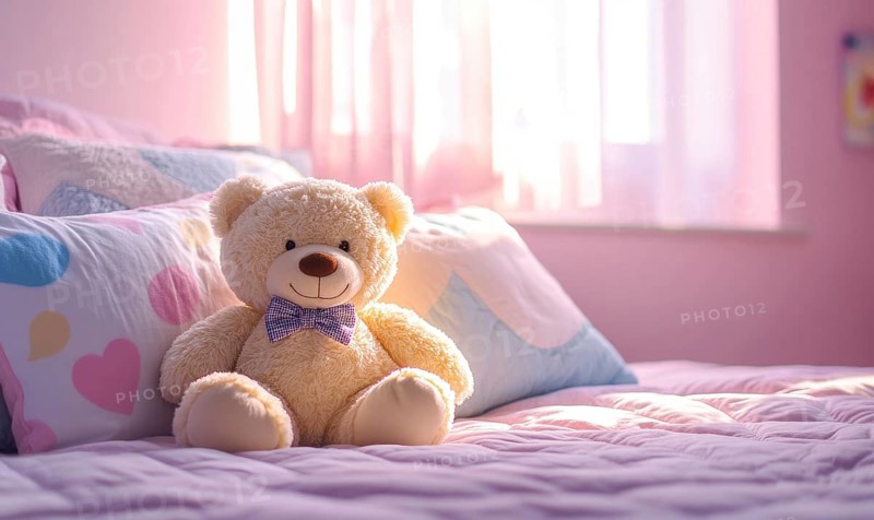 Plush teddy bear nestled in pillows, cozy knitted blanket AI generated