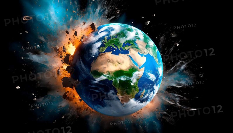 Cosmic catastrophe in space, environmental disaster caused by the impact of an asteroid on Earth, AI generated