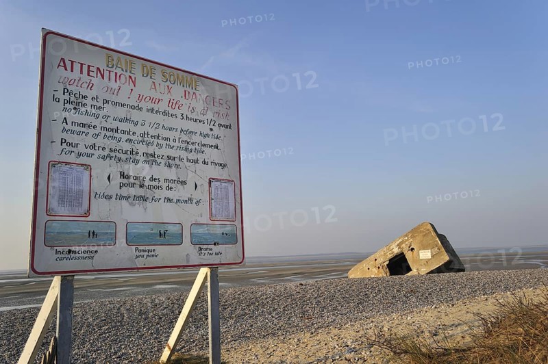 Information panel and Second World War bunker on the beach at Le Hourdel near Saint-Valéry-sur-Somme, Bay of the Somme, Picardy, France, Europe