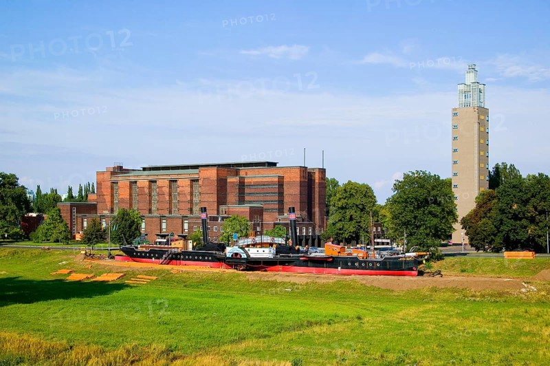 Magdeburg civic hall, observation tower and museum ship Württember