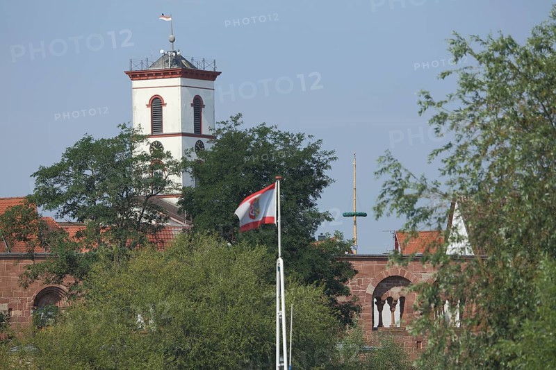Tower of the classicist town hall, Seligenstadt, Main, Hesse, Germany, Europe