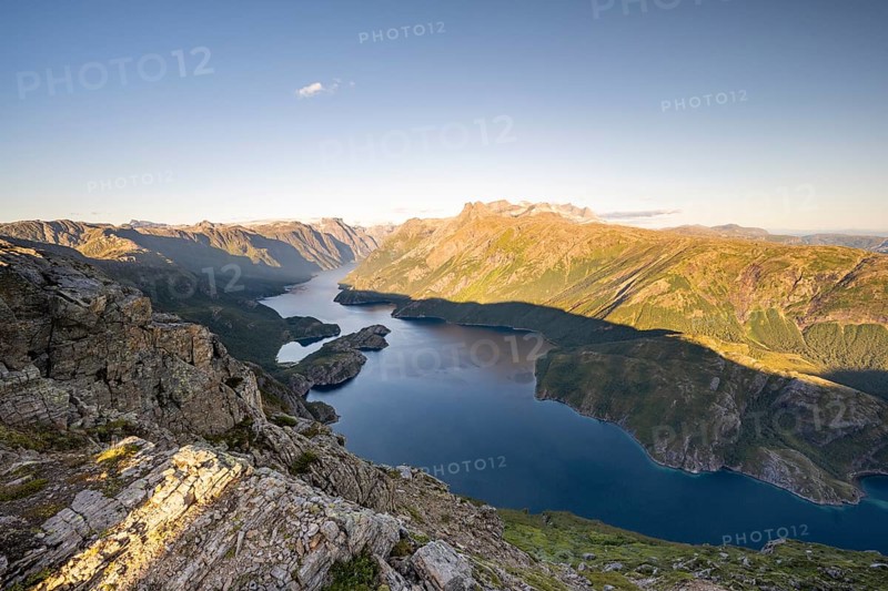 View from Seiskallåfjellet into the Nordfjorden, Svartisen Glacier in the background, Saltfjellet Svartisen National Park, Helgeland Coast, Rødøy, Nordland, Norway, Europe