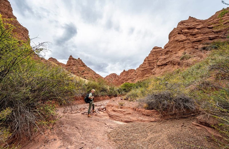 Mountaineer in a canyon with a dry stream bed, eroded mountain landscape with red sandstone rocks, Konorchek Canyon, Chuy, Kyrgyzstan, Asia
