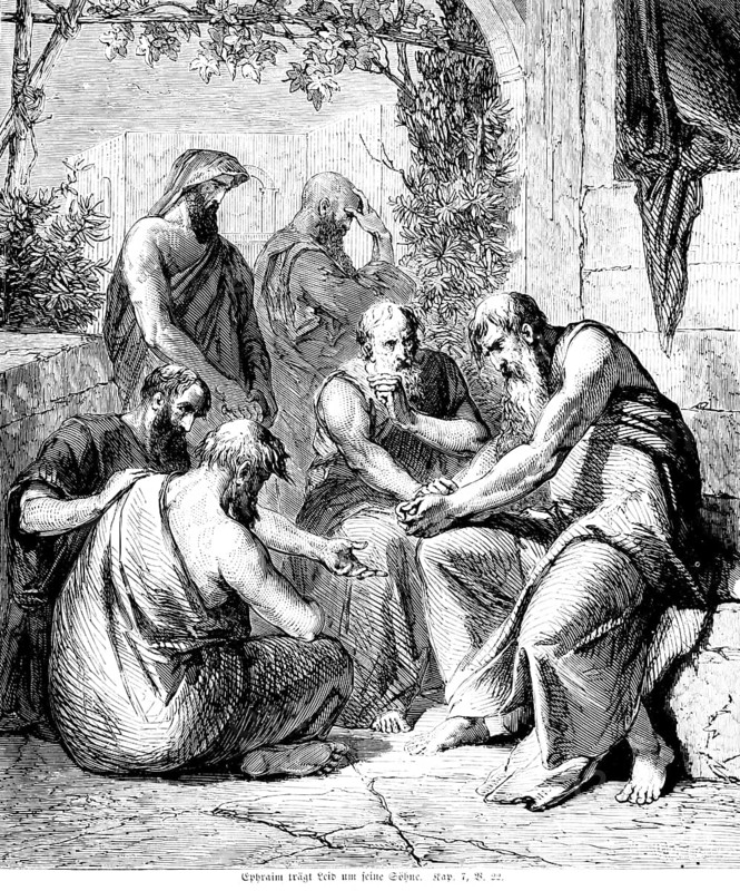 Ephraim bears sorrow for his sons, People, Men, Sitting talking, Conversation, Suffering, Outdoors, Bible, Old Testament, First Book of Chronicles, Chapter 7, Verse 22, historical illustration circa 1850
