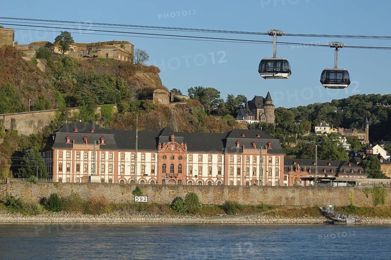 Dicasterial building on the banks of the Rhine with cable car and gondolas to UNESCO Ehrenbreitstein Fortress, Koblenz, Rhineland-Palatinate, Upper Middle Rhine Valley, Germany, Europe