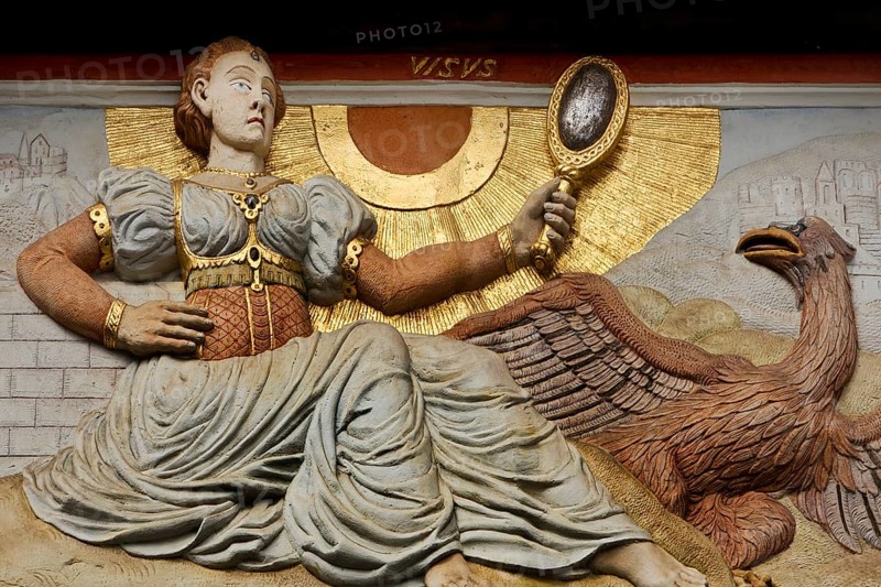 Relief Visus, Sense of Vision, Splendid Facade Decoration on the House to the Broad Hearth, Detail, Renaissance, Erfurt, Thuringia, Germany, Europe
