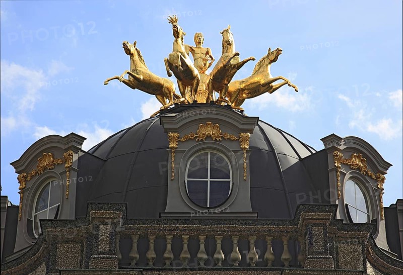 Golden quadriga guided by a torch-bearing Apollo, detail on the Temple of the Sun at the Hermitage in Bayreuth, Upper Franconia, Bavaria, Germany, Europe