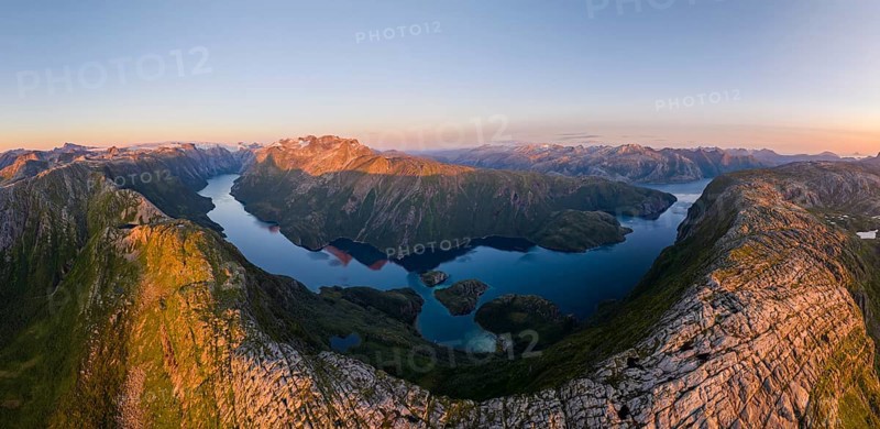 View from Seiskallåfjellet into Nordfjorden and Melfjorden, Svartisen Glacier in the background, Saltfjellet Svartisen National Park, Helgeland Coast, Rødøy, Nordland, Norway, Europe
